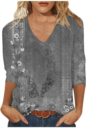 Damen Tshirt Elegant Schick, Sale Angebote T-Shirt Oberteil Mit V-Ausschnitt Und Dreiviertelärmeln Im Ethnischen Stil, Oberteile Leicht Und Luftig, Bluse Weich Bequem, Shirt Top Casual Fashion