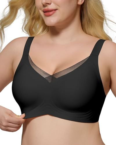 HORISUN Wireless Bras for Women, Non Wired Comfortable Seamless Support Bra Lift Full Coverage Bra Mesh Lace Deep V Plus Size Bralettes (Black 2XL)