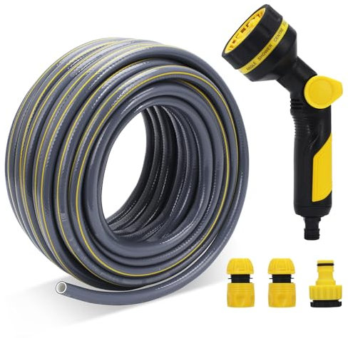 Garden Hose Pipe, 10M/33Ft 1/2 Anti-Kink Hard Wearing Hose Reinforced Explosion Proof Outdoor Water Pipes Including 2 in 1 Faucet Adapter, Hose End Quick Connector，with 10 Modes Water Spray Gun