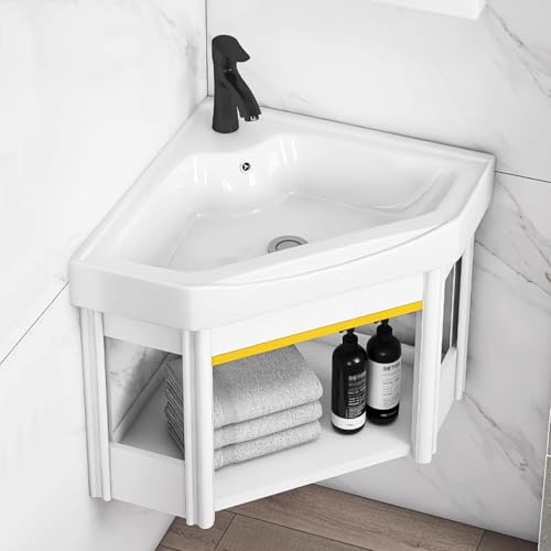 Mueble de baño esquinero montado en la pared con fregadero, incluye grifos de agua fría y caliente y tuberías de drenaje, ideal para espacios compactos