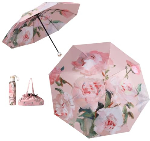 Meichoon UPF50+ Umbrella with a Handbag UV Protection Portable Lightweight Waterproof Double Layer Sunshade Enhanced Windproof Design Retro Classical Flower Vintage Style for Women Travel