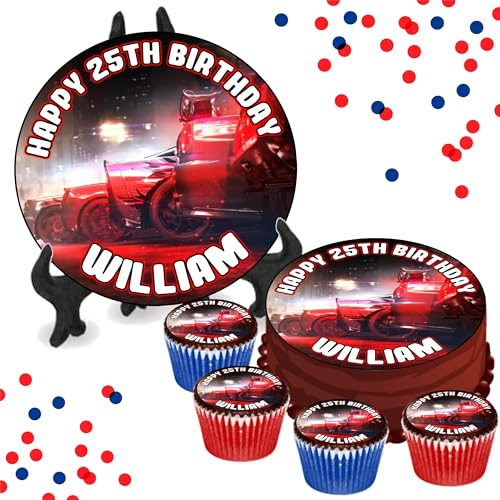 Street Race Cars Red PERSONALISED Edible Cupcake Toppers / 8 Inch Cake Wafer or Icing - Adults & Kids Birthday Party Decorations - Perfect for Brownies, Cookies, Muffins & More!
