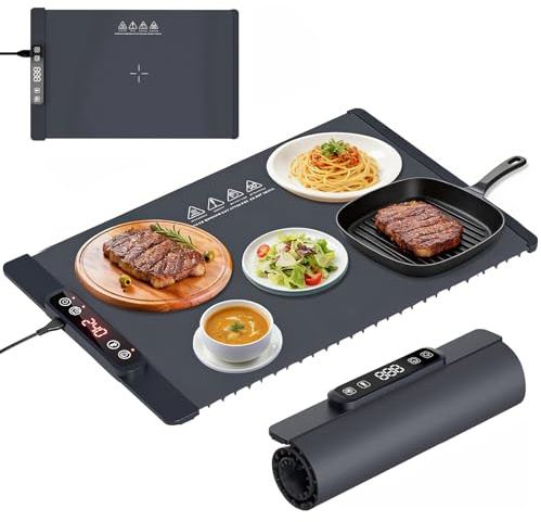 Piastra elettrica di mantenimento del calore, per alimenti, pieghevole, con 5 temperature regolabili e 4 timer, automatica, scalda cibo, scalda buffet, per riscaldare il scongelamento