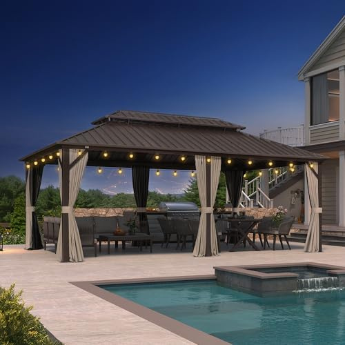 PURPLE LEAF Tonnelle de Jardin Exterieur 6 x 3,65 m avec Éclairage Intégré, Pergola Aluminium à Double Toit Rigide en Acier Galvanisé, Pavillon avec Rideaux pour Barbecue, Fête, Atelier, Bronze