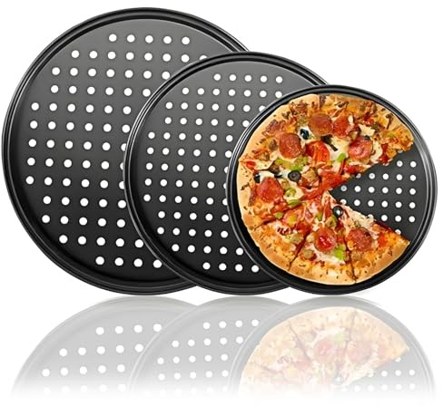 3 Stück 32/29/26cm Rund Antihaftbeschichtet Pizzablech Kit, Stapelbar Karbonstahl Gleichmäßig Erhitzen Lochblech, Backofen Sicherheit Pizza Backblech für Familie Pizzaofen, Köche & Pizzaliebhaber