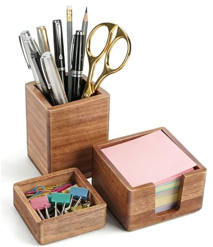 Domemit Organizador Escritorio Madera, Portalapices Escritorio, Organizador de Notas, Dispensador de Clips, Organizador de Oficina, Accesorios Escritorio, San Valentin Regalos Hombre Mujer