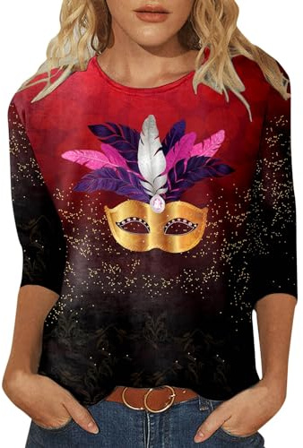 T-shirt décontracté à col rond pour femme avec couronne de plumes Mardi à manches 3/4, rouge, M