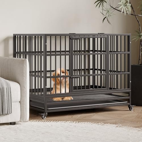 Heavy Duty Metal Dog Crate, 42.5 in Large Double Door Dog Cage with Wheels, Folding Indoor Pet House with Removable Tray Perfect for Small, Medium Pets