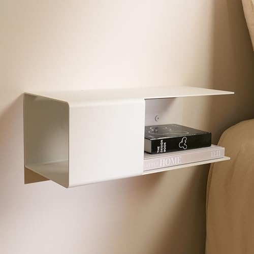 Designfabrik Hamburg Schwebender Nachttisch | Weiß | aus Metall | Hängender Nachtschrank mit versteckter Ablage und Kabelführung | schmaler Wand Nachttisch fürs Schlafzimmer | Modernes Design