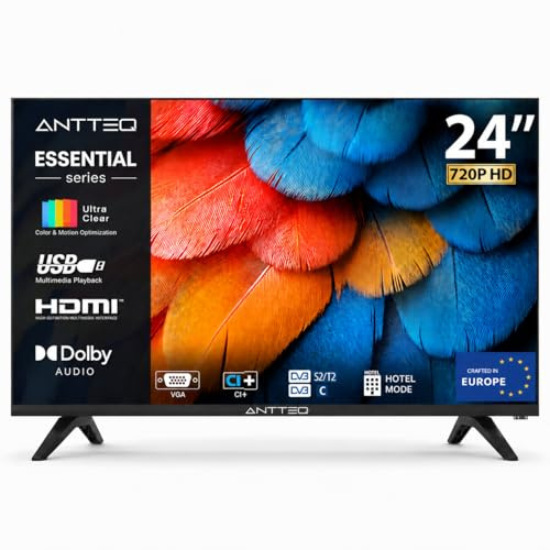 Antteq AE24H5-Q1 Fernseher 24 Zoll (60 cm) HD LED TV Frameless Design | Triple Tuner DVB-C/T2/S2, VGA, HDMI, USB-Media Player, CI+, Dolby Audio, Hotel Modus, Schwarz, Modelljahr 2026