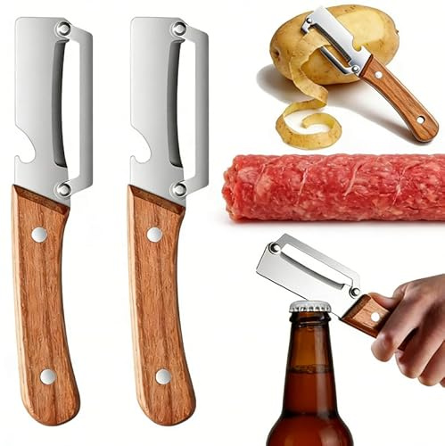 Économe multifonction en acier inoxydable, 2-en-1 économe et ouvre,bouteille, manche en bois, couteau à légumes et fruits, Ustensile de cuisine robuste et anti-dér (2)