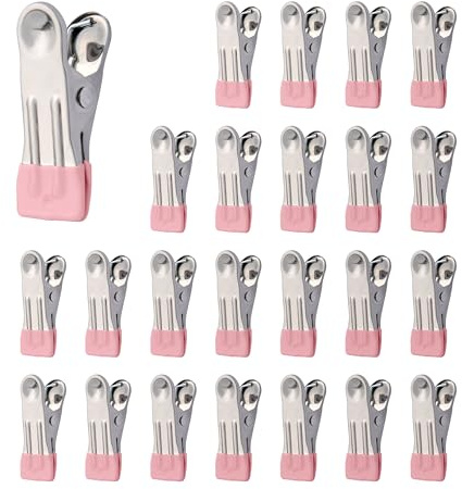 GHLIANGZHOU 24 Pièces Pinces à Linge en Acier Inoxydable Rose | Anti-Dérapantes et Sans Traces, Robustes Pour Pantalons, Chaussettes, Sous-Vêtements, et Scellage Alimentaire.