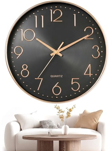 Horloge Murale Ronde Moderne 30 Cm Mouvement À Quartz Silencieux, Sans Bruit De Tic-tac, Cadran Noir Avec Chiffres 3D Doré, Design Simple Et Élégant Pour Maison, Cuisine, Bureau, École Et Hôtel