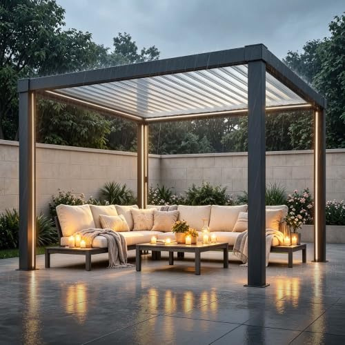 SUNJOY 3 x 3 m Lamellenpergola, Solar-LED-Beleuchtung mit Fernbedienung, 105° verstellbares wasserdichtes Dach, Aluminium-Hardtop, integrierte Entwässerung, Wetterschutz für Garten & Terrasse