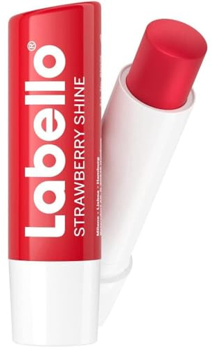 Labello Strawberry Shine Lippenbalsam, 4,8 g, farbenfroher und pflegender Lippenbalsam mit Erdbeergeschmack, 24 Stunden feuchtigkeitsspendender Lippenbalsam mit natürlichen Inhaltsstoffen
