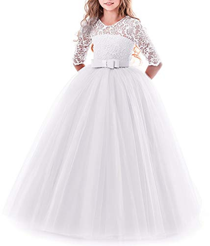 Vestido de encaje de manga 3/4 para niñas de las flores, para boda, dama de honor, primera comunión, noche, fiesta, largo hasta el suelo, vestido de princesa para niñas, desfile, cumpleaños, baile de