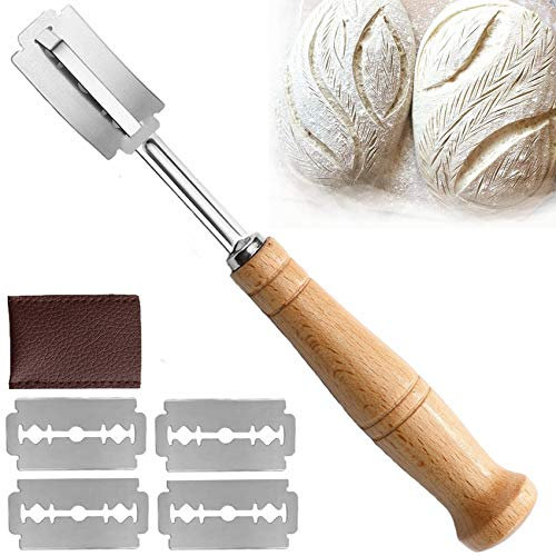 Lame Boulanger, Lame a Pain, Rasoir à pain, Bread Lame, Lame a Pain Boulanger, Lame pour Pâte avec 5 Acier Inoxydable Lames, boîte de rangement, Housse De Protection en Cuir (Curved-line Lame)