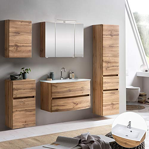 Lomadox Badmöbel Set in Wotaneiche Nb. mit Glasbecken weiß, inkl. Beleuchtung, BxHxT: ca. 200x200x49 cm