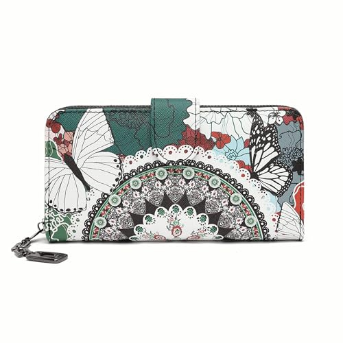 Geldbeutel Damen groß im Langformat, Geldbörse mit Blumen und Blüten Muster im Mandala und Ethno Stil, Portemonnaie mit Reißverschluss und Druckknopf und vielen Fächern