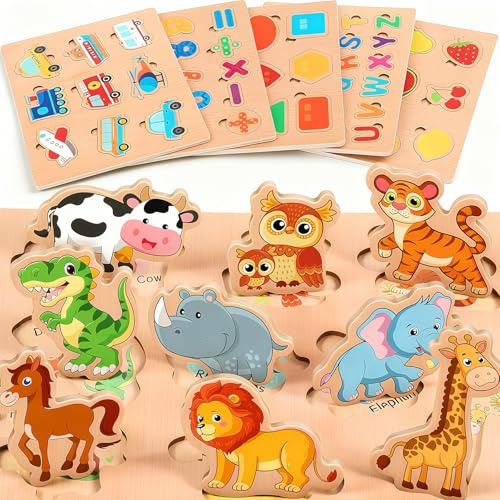 lenbest Set of 6 Children's Wooden Puzzle - Montessori Toy - Animal Alphabet Number Vehicles Shape Fruit - Educational Toy for 2-3 Years Easter Gifts