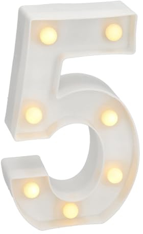Jandei - Números Luminosos LED, Número 5 con Luz Blanca Cálida, Luces Led Decoración y Ambiente, Luz Nocturna Bodas, Cumpleaños, Escaparates, Números y Letras con Luces (Funcionan con Pilas)