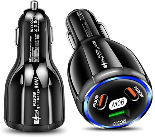 GVTECH 90W USB C Car Charger, Fast Charging, 3-Port Car Adapter with 2 PD 30W and QC 3.0 Quick Charger, Compatible with iPhone 17/16/15/14/13/12 Pro MAX, iPad Pro/Air, Galaxy S25/S24/S23