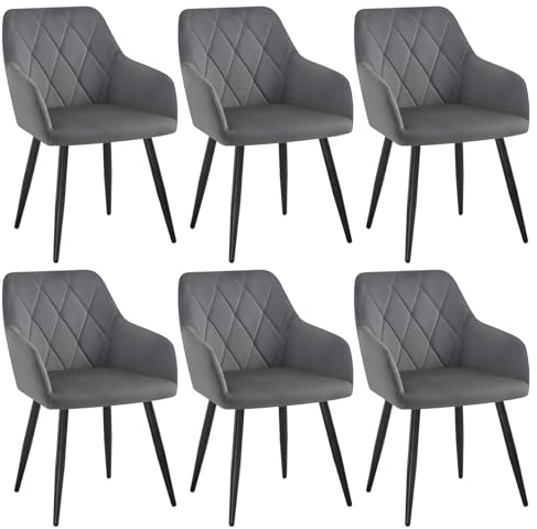 WOLTU Dining Chairs set of 6 Upholstered Armchair Kitchen Chairs with Arms, Backrest, Metal Legs, Tub Chair Living Room Lounge Chair, Dark Gray Velvet BH352dgr-6
