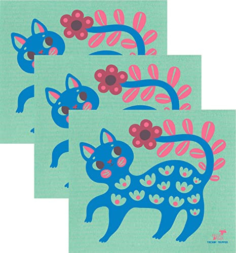 Trendy Tripper Reusable Swedish Dishcloths/Sponge Cloth MID-Century Modern Artist Series by Helen Dardik (Blue Cat on Green 3 Count)