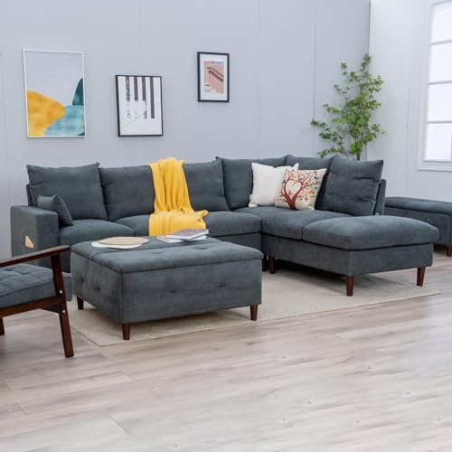 Panana Linen Fabric Love Seats Couch Sofas (Grey, 6 Seater Corner with Chaise)