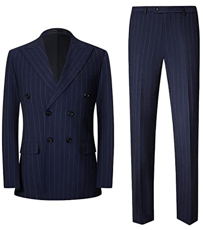 Mens 2 Piece Suit Slim Fit Pinstripe Double Breasted Blazer and Pants Suits Set Formal Wedding Tuxedo Suit