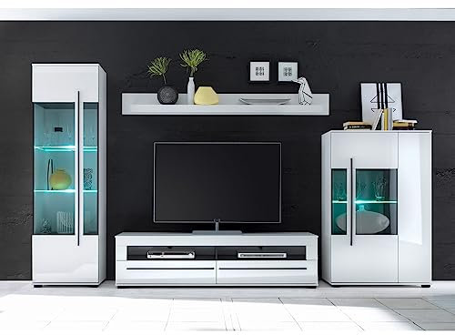 Lomadox Moderne Wohnwand in weiß Hochglanz inkl. LED mit Glaseinsätzen aus Grauglas BxHxT: 360x200x42cm