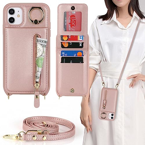 CAVOR Handykette Handyhülle Kompatibel Mit iPhone 11 Hülle Mit Band,Flip Leder Geldborse Hülle,[4 Kartenfach][Ring Stander][Reißverschluss],Handytasche zum Umhängeband - Rose Gold