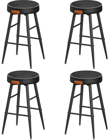 VASAGLE EKHO Colección - Juego de 4 Taburetes de Bar, Taburete Cocina, Taburete Desayuno, Cuero Sintético con Costuras, Moderno Siglo Medio, 63 cm Alto, Silla Comedor, Fácil Montaje, Negro Tinta