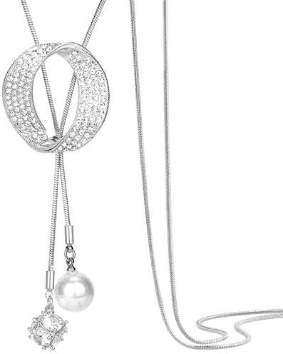 Tidefire Long Sweater Necklace Crystal Sweater Chain (Zircon Silver)