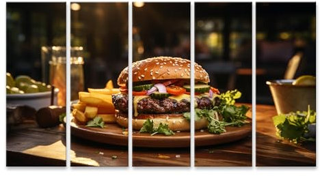islandburner Cuadro sobre lienzo hamburguesa con tomate ensalada pepinos en plato de madera con friso cuadros murales póster