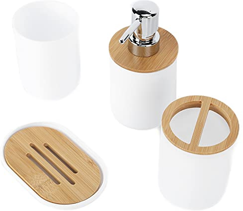 4-teiliges Bambus-Badezimmer Accessoires Set, Komplette Bad-Zubehör-Sets Inklusive Zahnbürstenhalter, Seifenschale, Lotionspender und Mundspülbecher, Tolles -Zubehör-Set