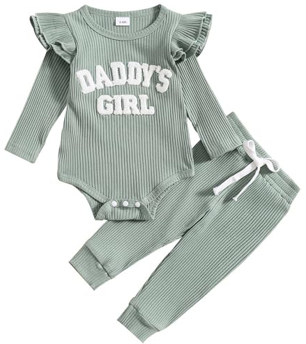 JiAmy kläder för nyfödd baby flicka med volanger långärmad spets sparkdräkt pappa flicka bodysuit och långa byxor, 2 delar, kläder för 0–18 månader, Grön, 0-3 månader