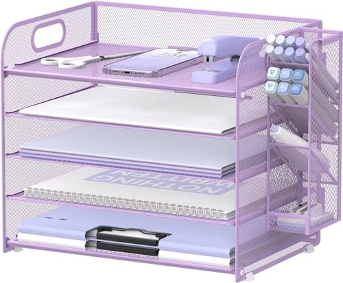 SUPTIDY Organiseur de bureau à 5 niveaux avec poignée et porte-stylos amovibles, organiseur de papier/fichiers en maille pour bureau, bac à courrier pour fournitures de bureau, violet