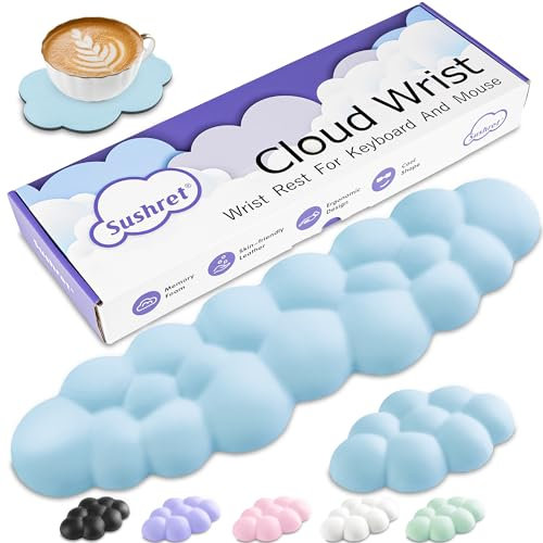 Sushret Cloud Wrist Rest Keyboard, Cloud Palm Rest Set with PU Leather Memory Foam, Cute Keyboard Rest for Wrist Support and Arm Rest, Desk Cloud Wrist Pad for PC/Gaming/Hand Cushion/Computer-Blue