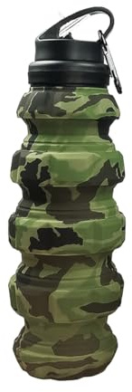 Alnicov Botella de agua plegable de viaje, botella de agua plegable de silicona reutilizable sin BPA con clip de mosquetón para gimnasio, camping y senderismo (camuflaje verde militar)
