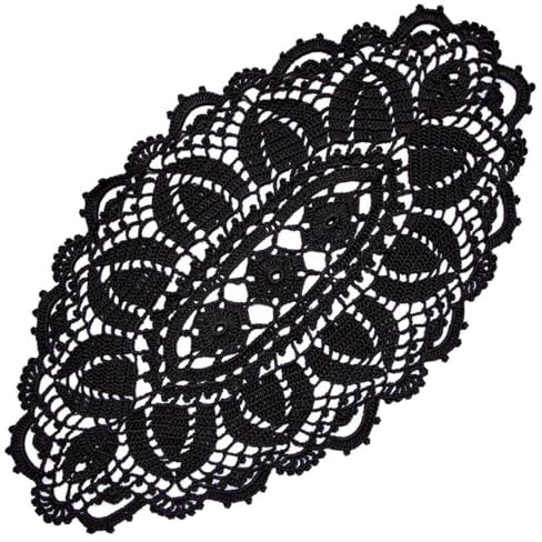 BOMHCS Spitzen-Tischläufer, oval, Breite (25,4 cm - 30,5 cm) x Länge (50,8 cm bis 55,9 cm), handgefertigte Häkelvase, Deckchen, Kommode, Schals, Tischdecke (1, schwarz), 1 Stück