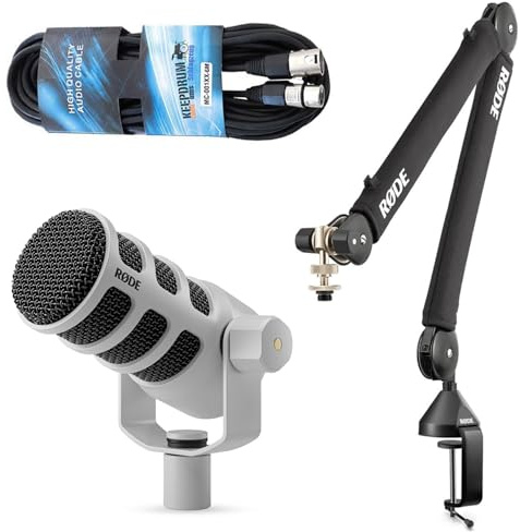 Rode Podmic USB XLR Dynamisches Sprecher-Mikrofon Weiss mit PSA-1+ Gelenkarm-Stativ und keepdrum XLR-Kabel