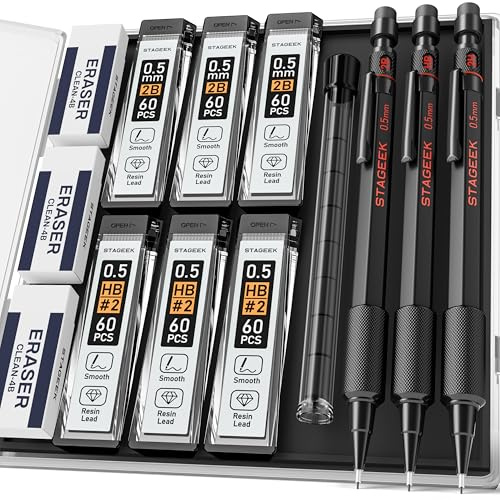 STAGEEK Druckbleistift Set mit Etui, Mechanische Bleistifte 0.5,6 Stücke HB und 2B Minen, 3 Stück Wetterfeste Outdoor Metal Pencil,4B-Radiergummis, zum Schreiben,Engineering,Zeichnen und Skizzieren