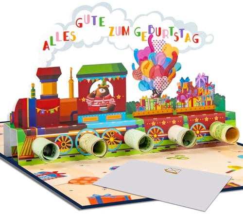 Magic Ants 3D Pop-Up Geldgeschenk Karte Geburtstag, Zugmotiv mit Bär & Ballons, Alles Gute zum Geburtstag, Geburtstagskarte mit Geldfach, lustige Glückwunschkarte für Kinder & Erwachsene, mit Umschlag