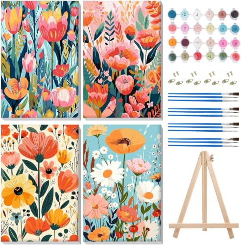 MISCER 4 Pack Framed Paint by Numbers Kit for Adults Beginners, Adult Paint by Number Kits On Canvas with Easel, Flowers Easy Framed Paint by Numbers for Beginner Gift Home Wall Decor 8x12 inch