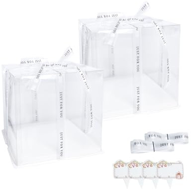Vebetter 2 Stück Tortenbox Tortenschachtel Tortenkarton 24 * 24 * 23 cm Cake Box Transparent Torten Transportboxen Geschenkbox Durchsichtig mit Weiß Sockel, Band, kleine Karte für Geburtstag Dessert.