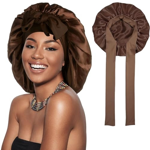 Catelves Satin-Schlafhaube Bonnet für Lange Haare, Verstellbar, Braun | 36 cm Durchmesser Mit Breitem Bindeband, Für Locken, Zöpfe Und Voluminöse Frisuren, Weich Und Leicht
