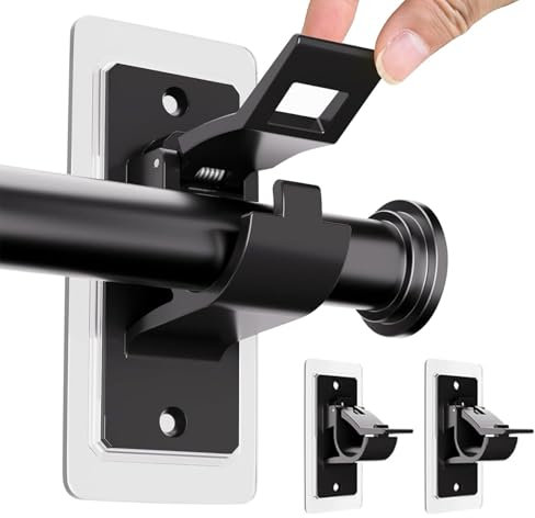 BelleVive 2 Pack Curtain Rod Brackets No Drilling, Self Adhesive PET Curtain Rod Holders, Nail Free Curtain Rod Hooks for Bathroom and Living Room, Black