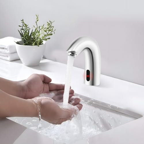 SABUIDDS Grifo de Baño con Sensor Infrarrojo, Grifo de Baño Automático, Grifo de Lavabo Sin Contacto, Grifo de Lavabo con Sensor para Cocina, Baño, Acero Inoxidable, Color Plateado