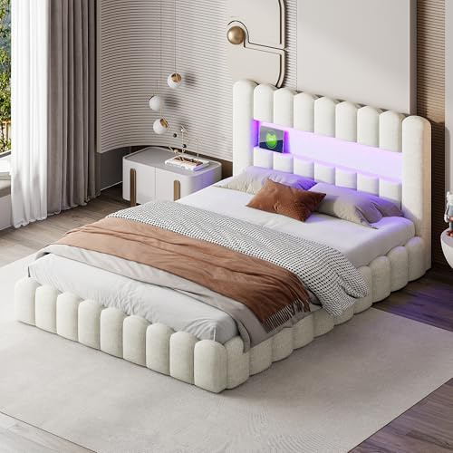 YGHQAP Bubble Bett 160x200, Polsterbett 160x200 Mit Bettkasten, Doppelbett Mit LED Und Steckdosen, Hydraulisch Stauraumbett, Jugendbett Flachbett Bettgestell, Leinen, Ohne Matratze